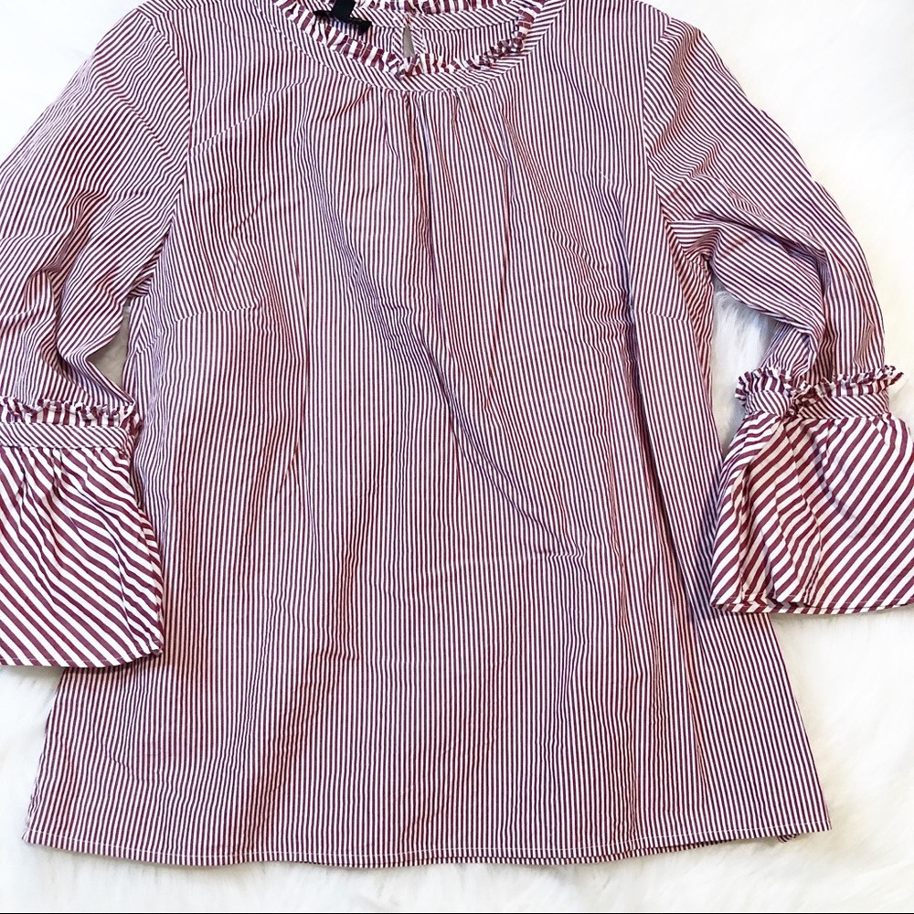 Talbots white/maroon stripe ruffle neck blouse SP - Picture 3 of 5